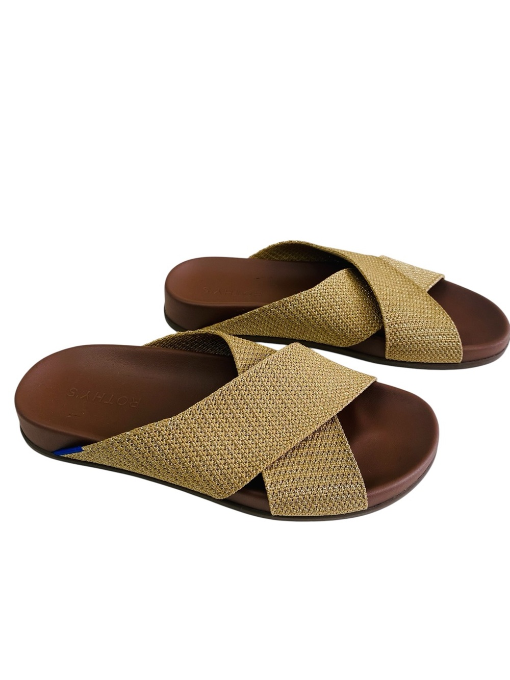 Rothy's Tan and Brown Cross-Strap Slide Sandals